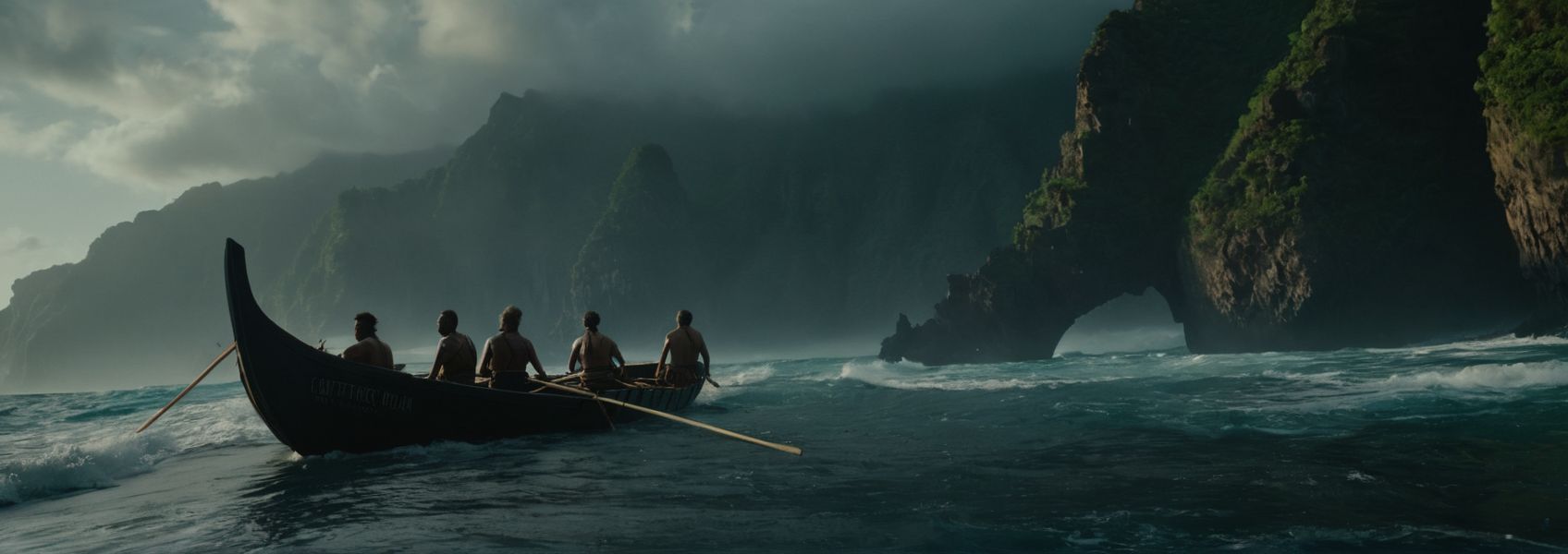 18604-1380422686-movie still photography of Spanish explorers( approaching the beach in a rowing boat_1.5), looking at an ultra realistic strande.jpg